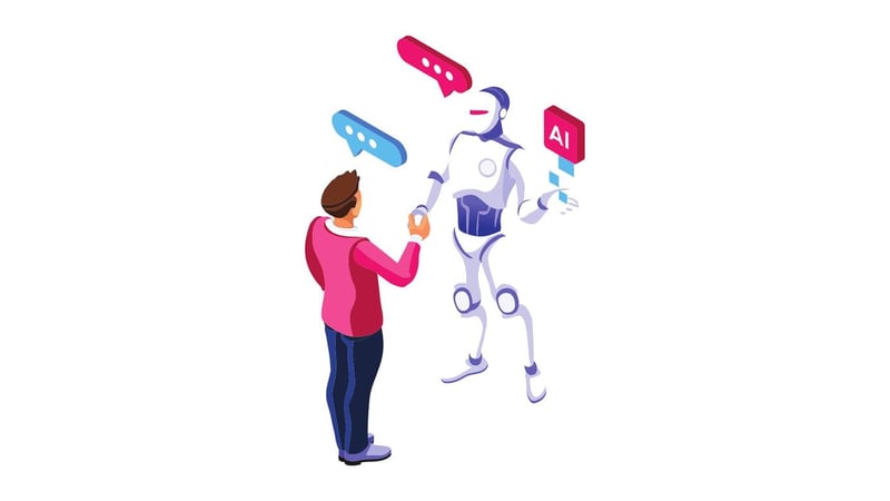 Human shaking hands and conversing with an AI robot figure
