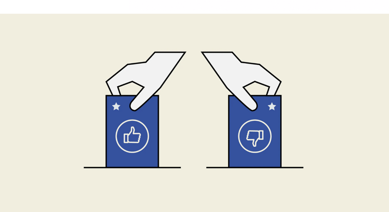 two hands, one holding a "like" button and one holding a "dislike" button two hands, one holding a "like" button and one holding a "dislike" button