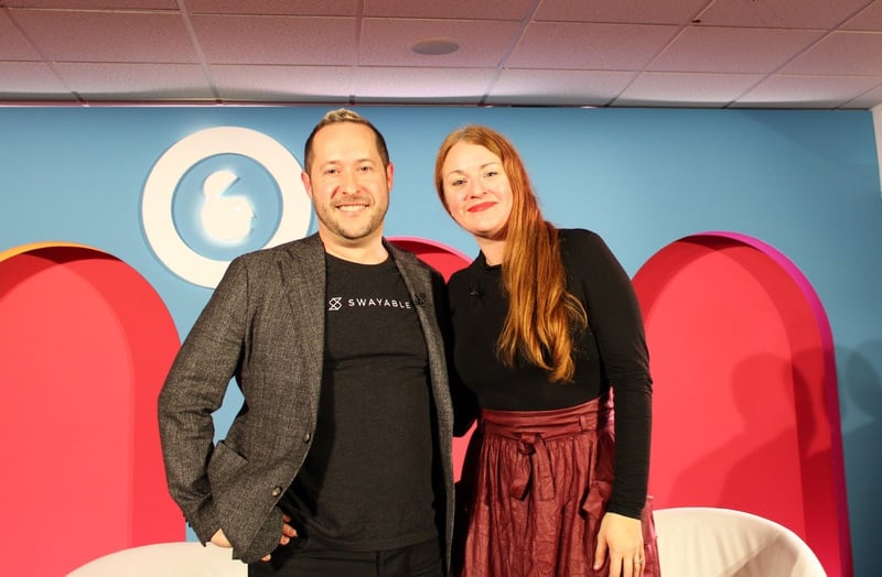 Maura McGill, Head of Policy Paid Media for DoorDash, and Swayable CEO James Slezak, posing for a photo together at Advertising Week 2023